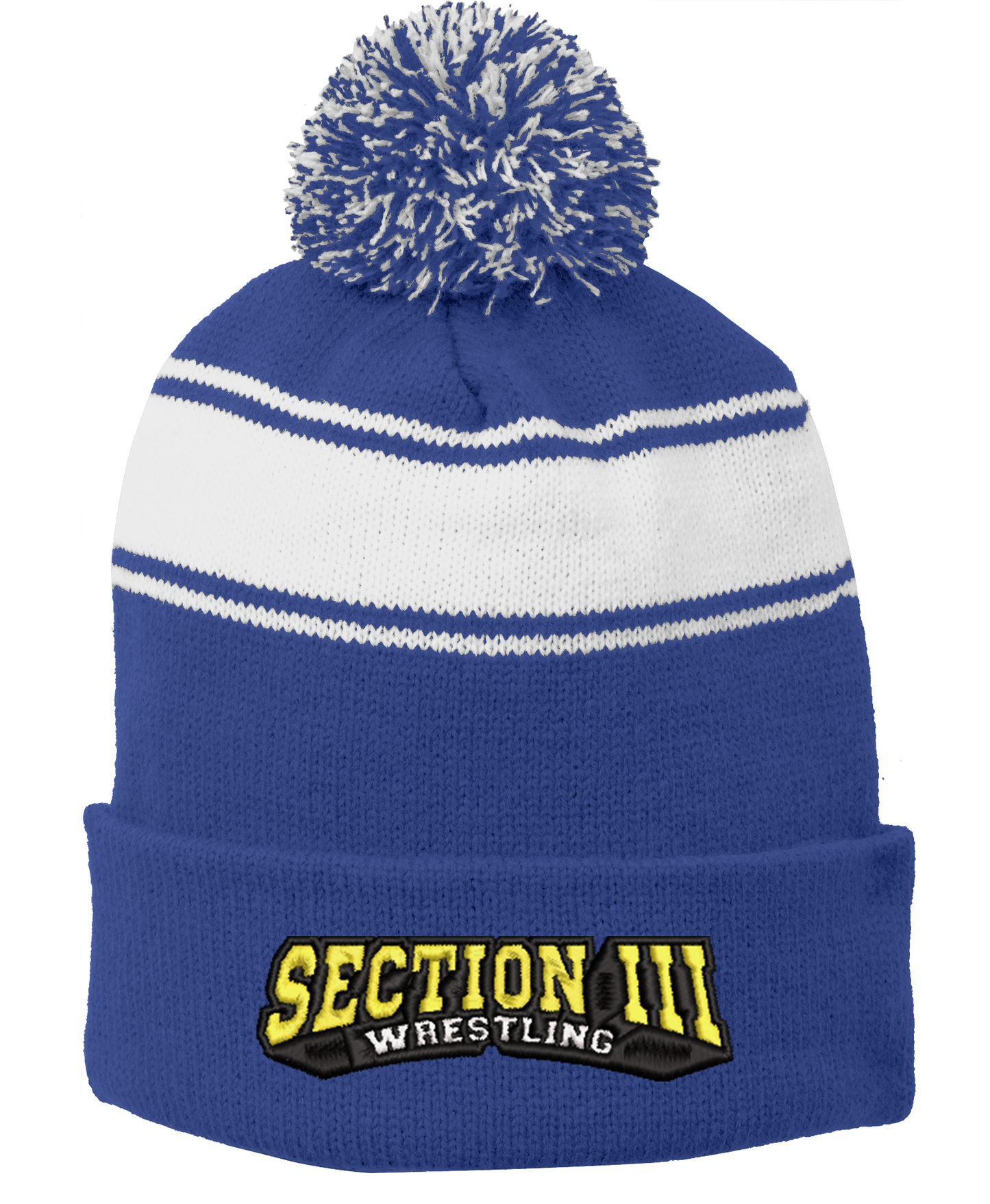 Sport-Tek® Stripe Pom Pom Beanie – Embroidered-STC28 - Embroidred